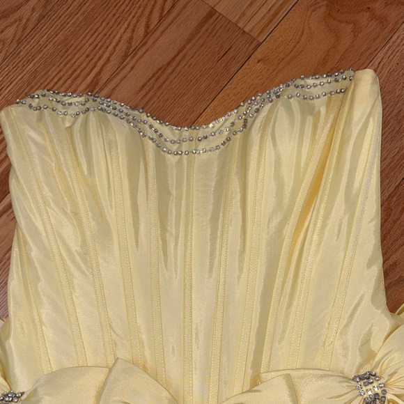 Sherri Hill Yellow Strapless Mini Dress with Bows and Rhinestones - Picture 9 of 11
